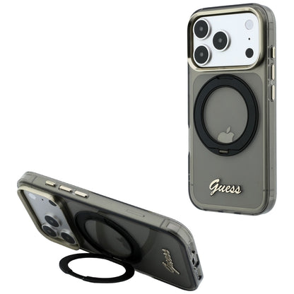 MagSafe Case for Apple iPhone 18 Pro / 17 Pro, Guess, Ring Stand Script Metal Logo, Black