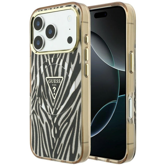 Custodia MagSafe per Apple iPhone 18 Pro / 17 Pro, Guess, Zebra Glitter Triangle Logo, Dorata