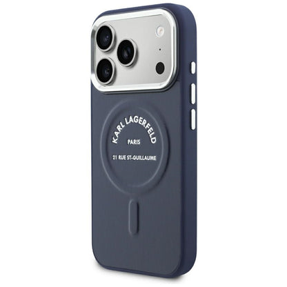 Custodia MagSafe per Apple iPhone 18 Pro / 17 Pro, Karl Lagerfeld, Embossed Open Ring RSG Logo, blu.