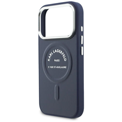 Custodia MagSafe per Apple iPhone 18 Pro / 17 Pro, Karl Lagerfeld, Embossed Open Ring RSG Logo, blu.