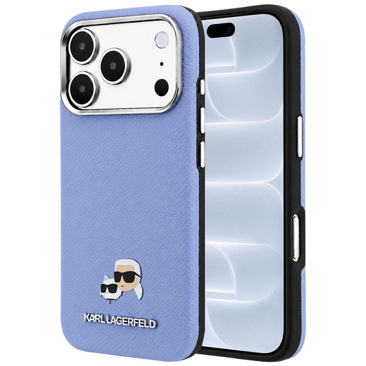 Custodia MagSafe per Apple iPhone 18 Pro / 17 Pro, Karl Lagerfeld, Grained Karl & Choupette Head's Metal, Bleu