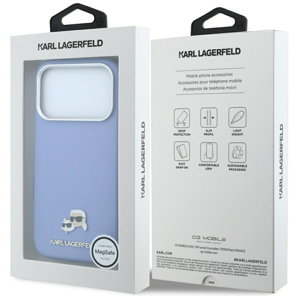 Custodia MagSafe per Apple iPhone 18 Pro / 17 Pro, Karl Lagerfeld, Grained Karl & Choupette Head's Metal, Bleu