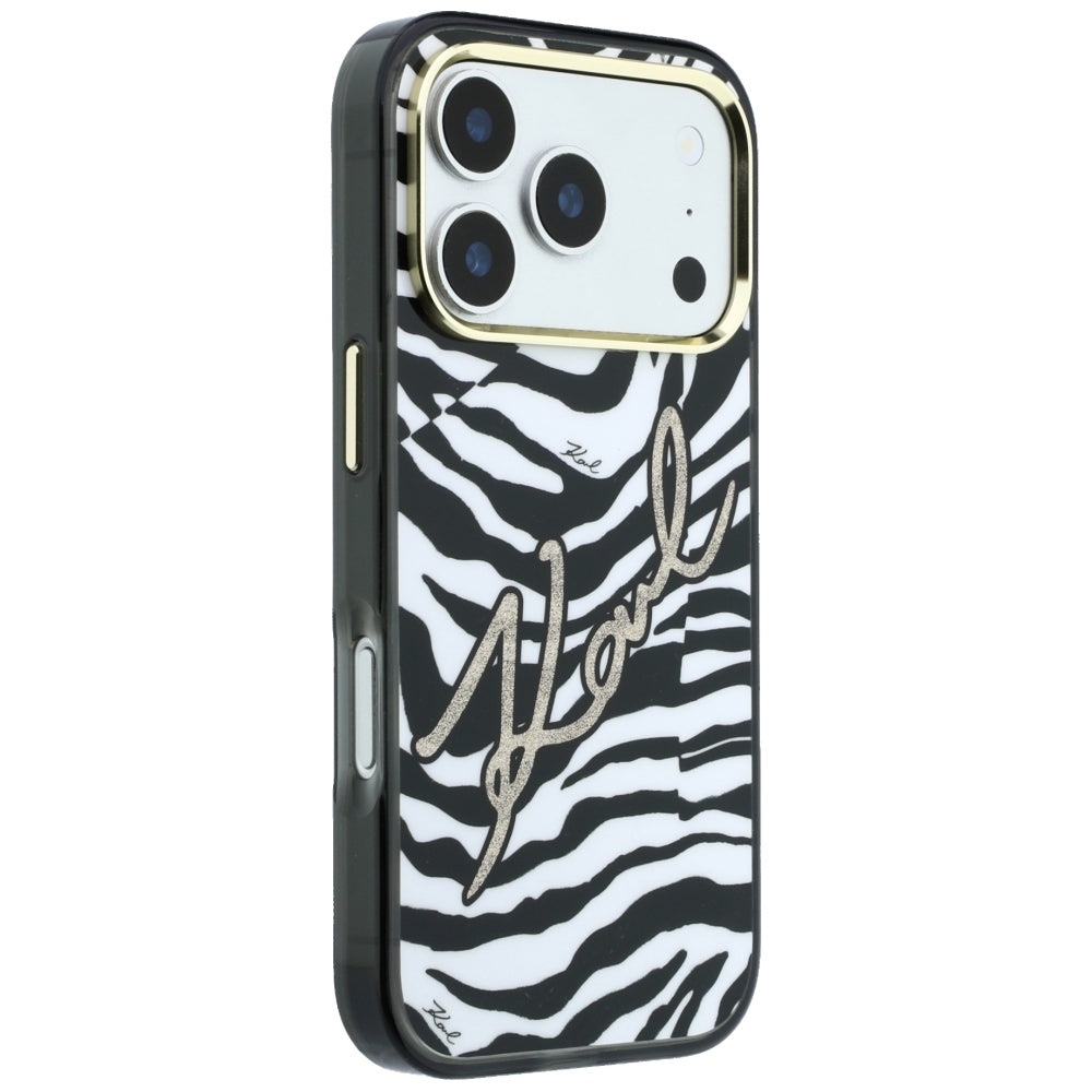 Custodia MagSafe per Apple iPhone 18 Pro / 17 Pro, Karl Lagerfeld, HC IML Signature Zebra Glitter Gold, Nera