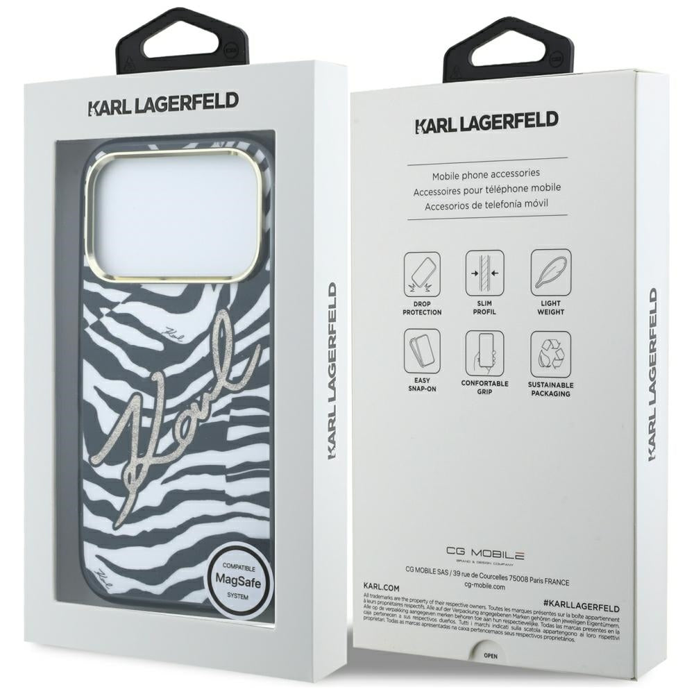 Custodia MagSafe per Apple iPhone 18 Pro / 17 Pro, Karl Lagerfeld, HC IML Signature Zebra Glitter Gold, Nera