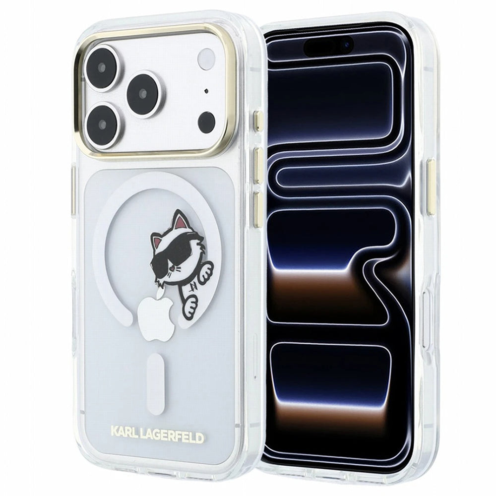 Custodia MagSafe per Apple iPhone 18 Pro / 17 Pro, Karl Lagerfeld, IML Peekaboo Print e Cornice Metallica, Trasparente
