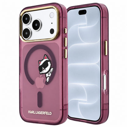 Custodia MagSafe per Apple iPhone 18 Pro / 17 Pro, Karl Lagerfeld, IML Peekaboo Print and Metal Frame, color bordeaux