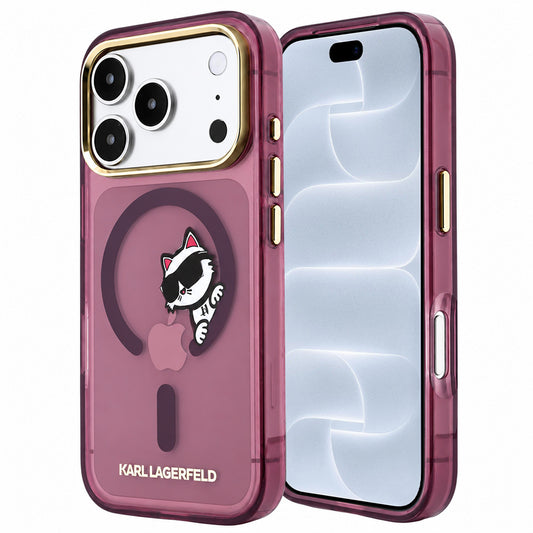 Custodia MagSafe per Apple iPhone 18 Pro / 17 Pro, Karl Lagerfeld, IML Peekaboo Print and Metal Frame, color bordeaux