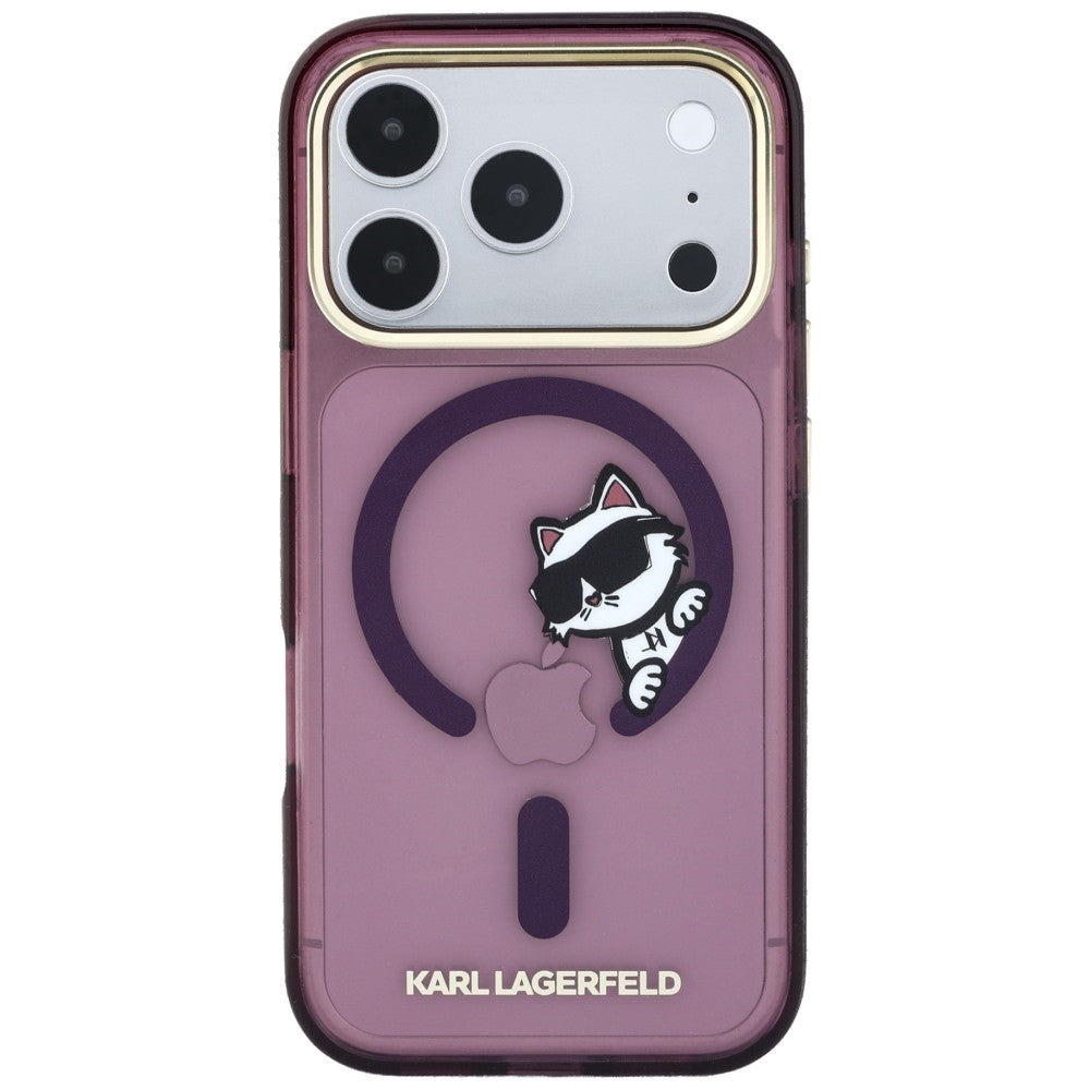 Custodia MagSafe per Apple iPhone 18 Pro / 17 Pro, Karl Lagerfeld, IML Peekaboo Print and Metal Frame, color bordeaux