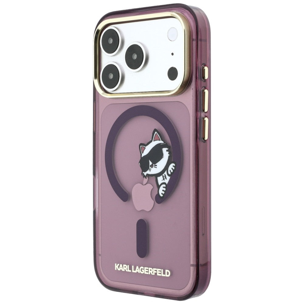 Custodia MagSafe per Apple iPhone 18 Pro / 17 Pro, Karl Lagerfeld, IML Peekaboo Print and Metal Frame, color bordeaux