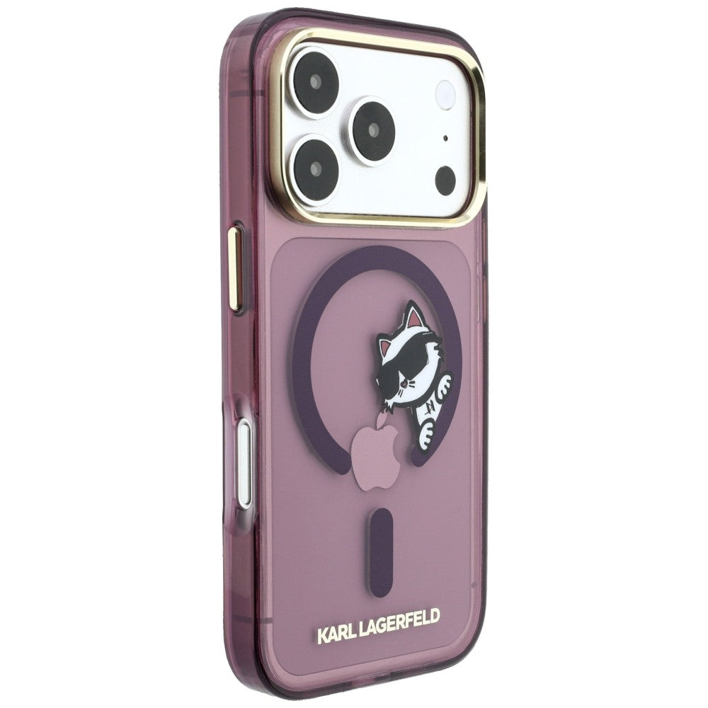 Custodia MagSafe per Apple iPhone 18 Pro / 17 Pro, Karl Lagerfeld, IML Peekaboo Print and Metal Frame, color bordeaux