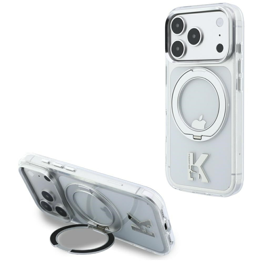 Custodia MagSafe per Apple iPhone 18 Pro / 17 Pro, Karl Lagerfeld, IML Ring Stand Kameo Metal, Trasparente