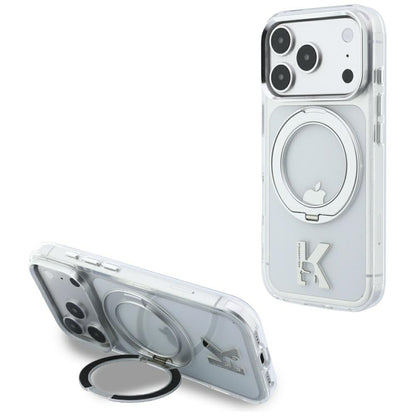 Custodia MagSafe per Apple iPhone 18 Pro / 17 Pro, Karl Lagerfeld, IML Ring Stand Kameo Metal, Trasparente