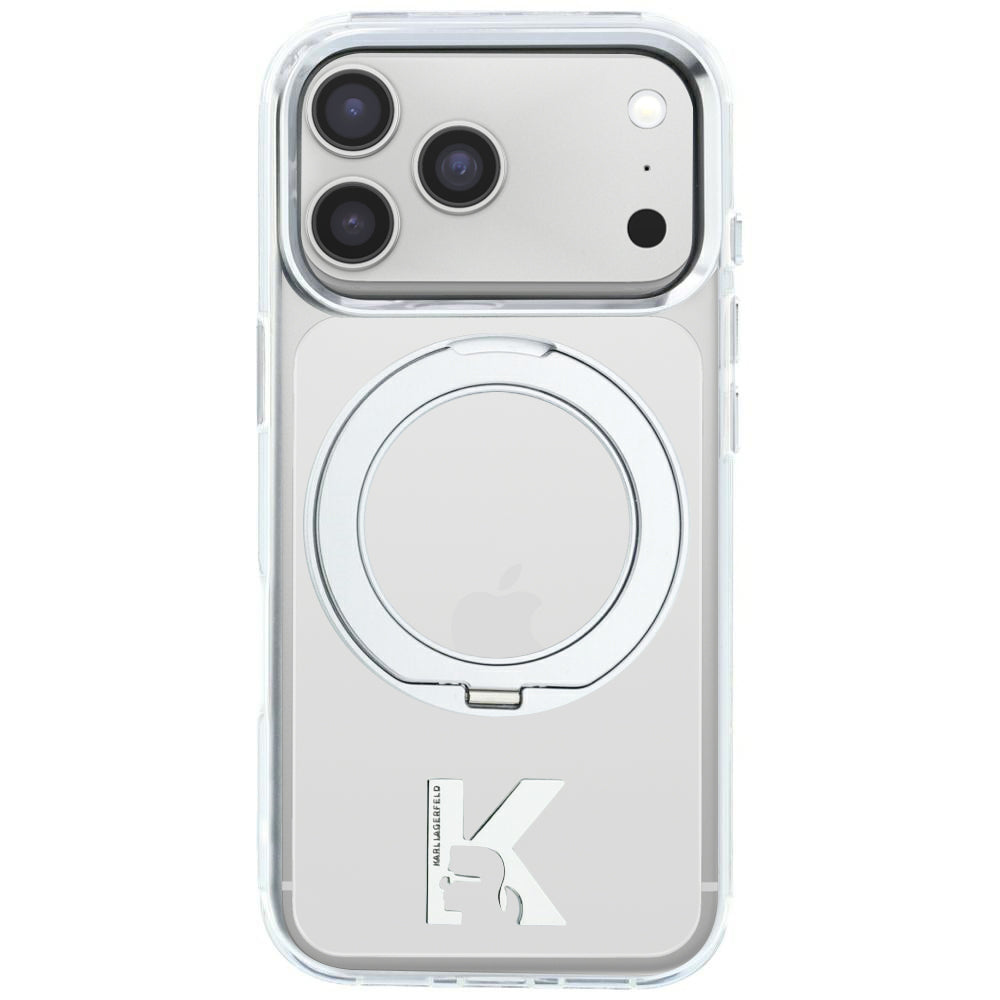 Custodia MagSafe per Apple iPhone 18 Pro / 17 Pro, Karl Lagerfeld, IML Ring Stand Kameo Metal, Trasparente