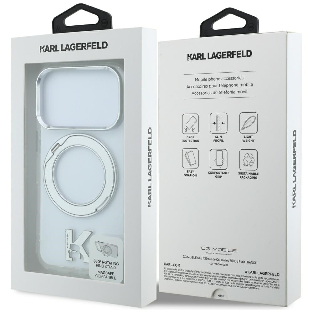 Custodia MagSafe per Apple iPhone 18 Pro / 17 Pro, Karl Lagerfeld, IML Ring Stand Kameo Metal, Trasparente