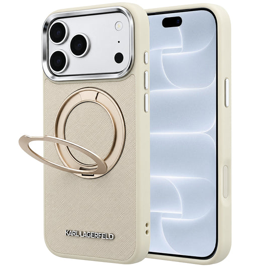 Custodia MagSafe per Apple iPhone 18 Pro / 17 Pro, Karl Lagerfeld, Ring Stand 360 Saffiano, Beige