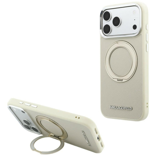 Custodia MagSafe per Apple iPhone 18 Pro / 17 Pro, Karl Lagerfeld, Ring Stand 360 Saffiano, Beige