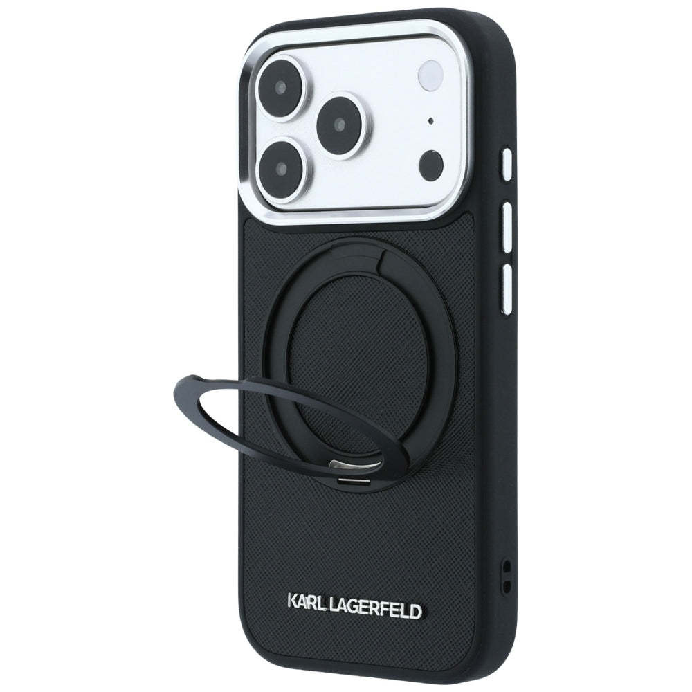 Custodia MagSafe per Apple iPhone 18 Pro / 17 Pro, Karl Lagerfeld, Ring Stand 360 Saffiano, Nera