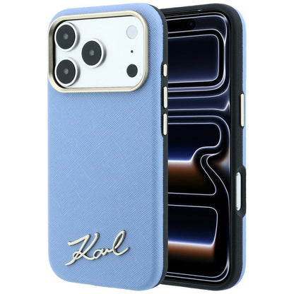 Custodia MagSafe per Apple iPhone 18 Pro / 17 Pro, Karl Lagerfeld, Saffiano Small Script Metal Logo, Blu
