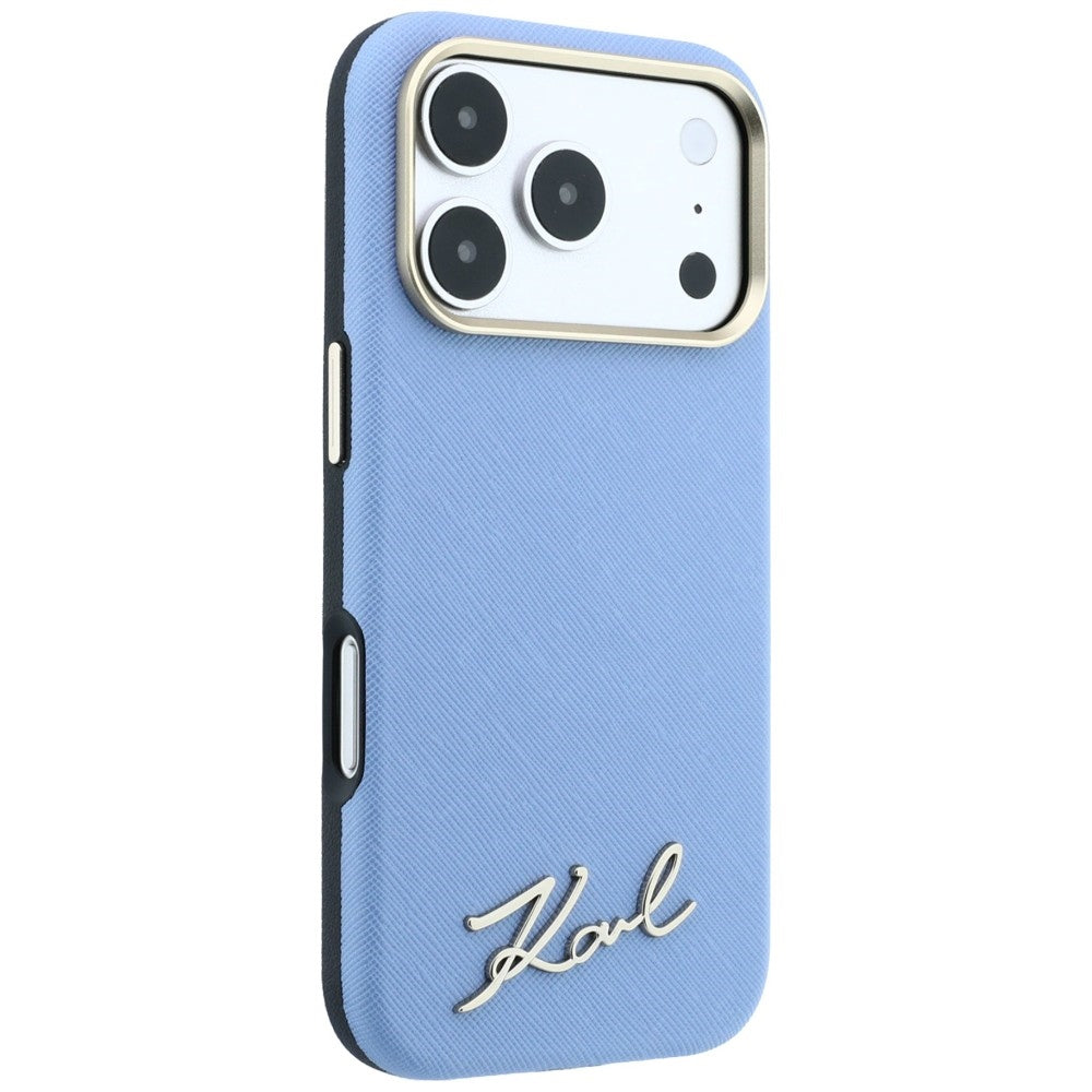 Custodia MagSafe per Apple iPhone 18 Pro / 17 Pro, Karl Lagerfeld, Saffiano Small Script Metal Logo, Blu