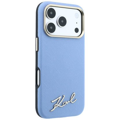 Custodia MagSafe per Apple iPhone 18 Pro / 17 Pro, Karl Lagerfeld, Saffiano Small Script Metal Logo, Blu
