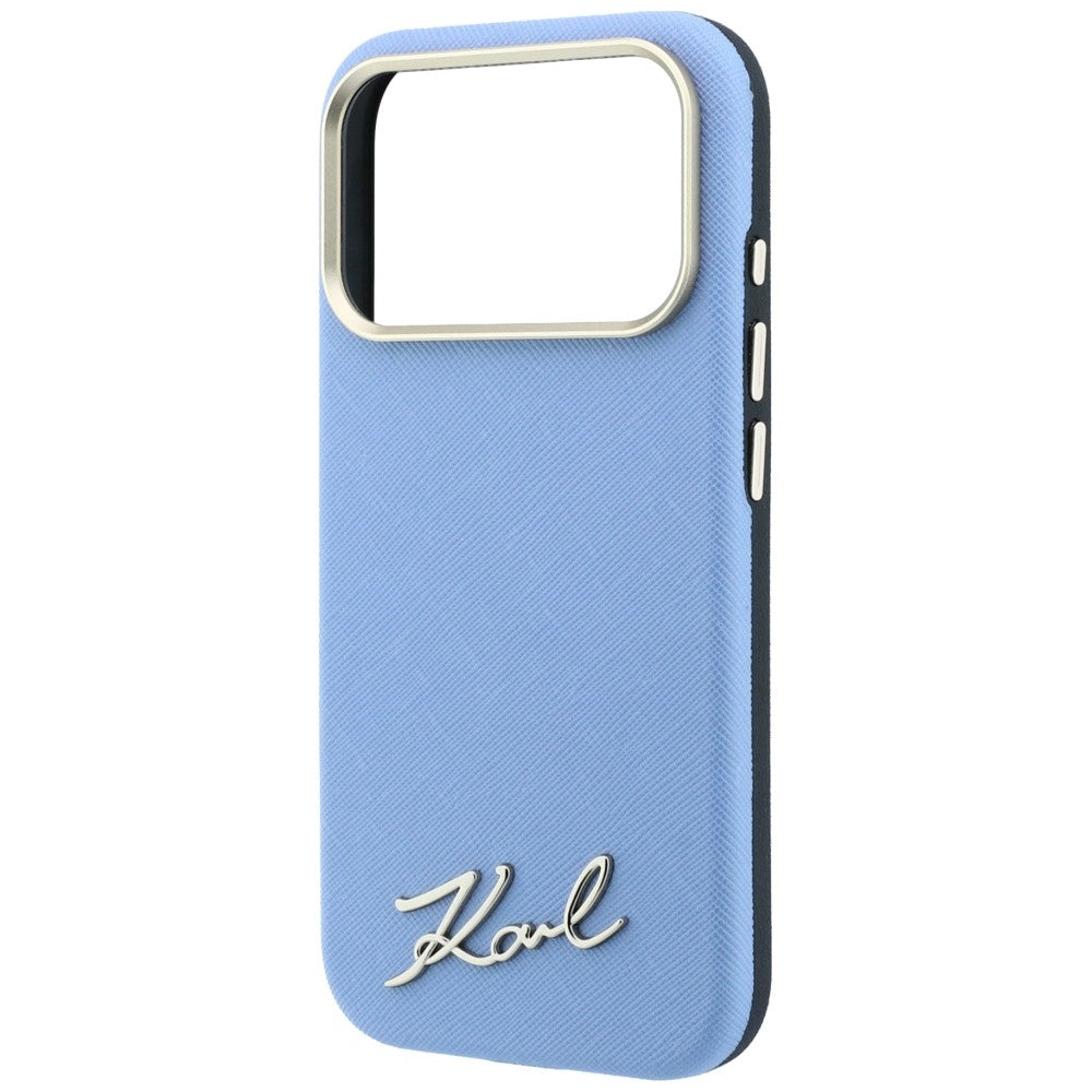 Custodia MagSafe per Apple iPhone 18 Pro / 17 Pro, Karl Lagerfeld, Saffiano Small Script Metal Logo, Blu