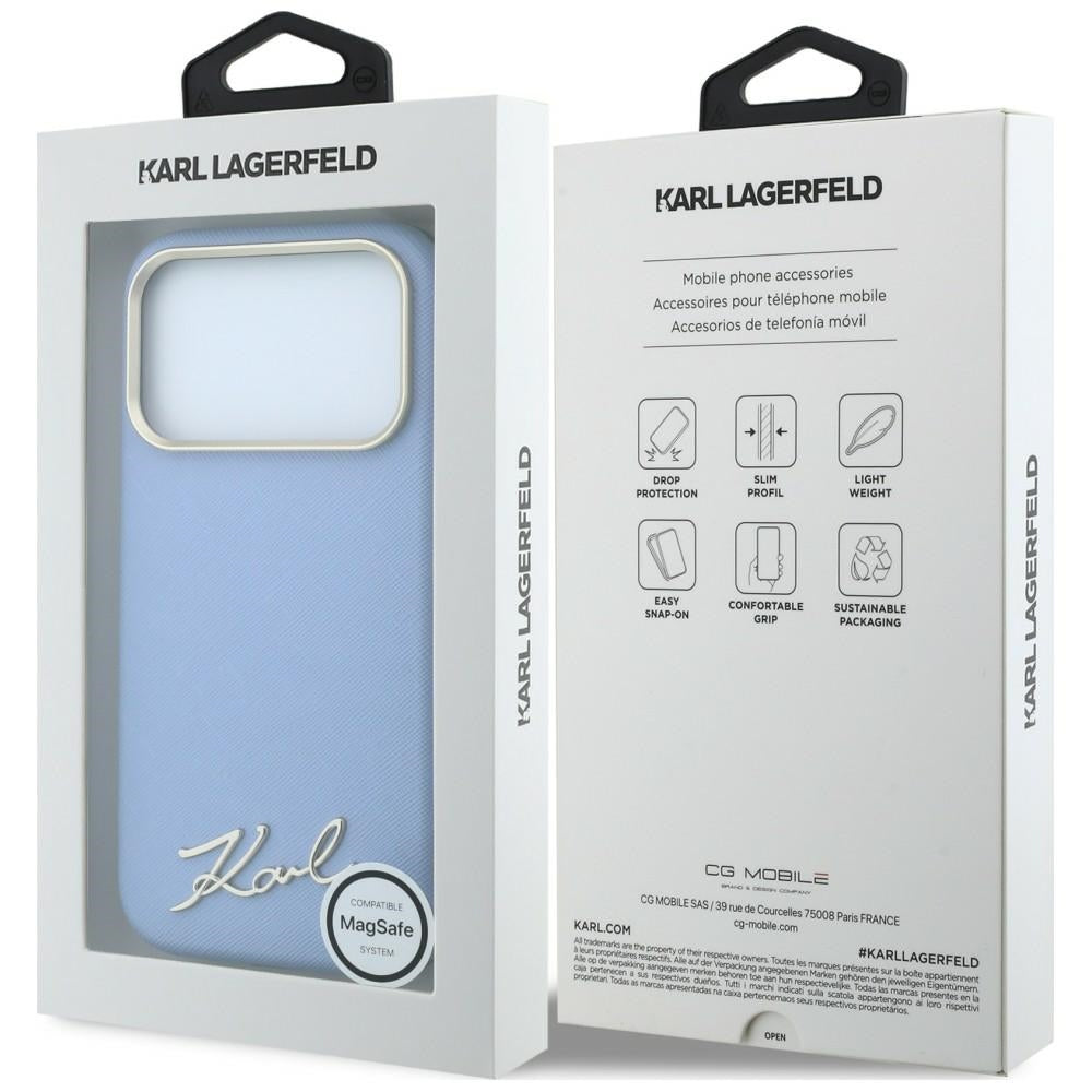 Custodia MagSafe per Apple iPhone 18 Pro / 17 Pro, Karl Lagerfeld, Saffiano Small Script Metal Logo, Blu