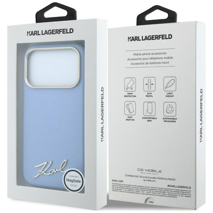 Custodia MagSafe per Apple iPhone 18 Pro / 17 Pro, Karl Lagerfeld, Saffiano Small Script Metal Logo, Blu