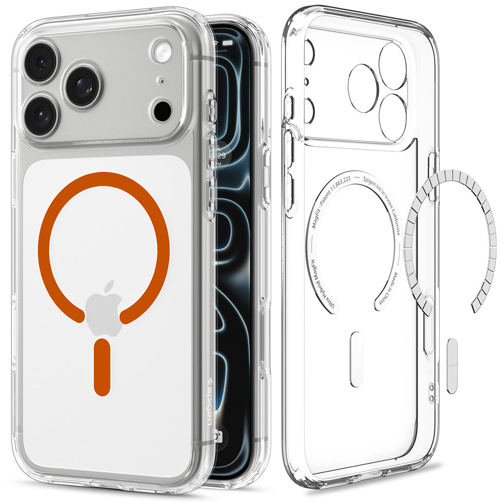 Custodia MagSafe per Apple iPhone 18 Pro / 17 Pro, Spigen, Ultra Hybrid, Trasparente Arancione ACS12159
