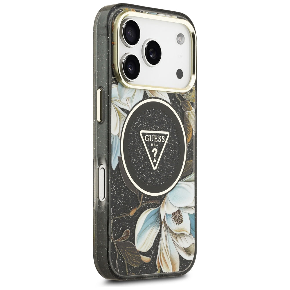 MagSafe Case for Apple iPhone 18 Pro, Guess, IML Metal Glitter Flowers Triangle, Black