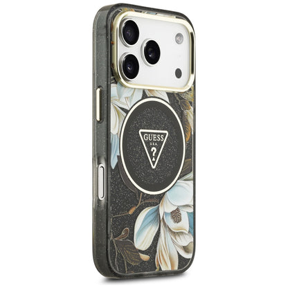 MagSafe Case for Apple iPhone 18 Pro, Guess, IML Metal Glitter Flowers Triangle, Black