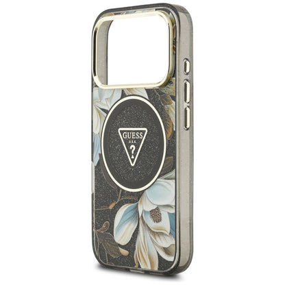 MagSafe Case for Apple iPhone 18 Pro, Guess, IML Metal Glitter Flowers Triangle, Black