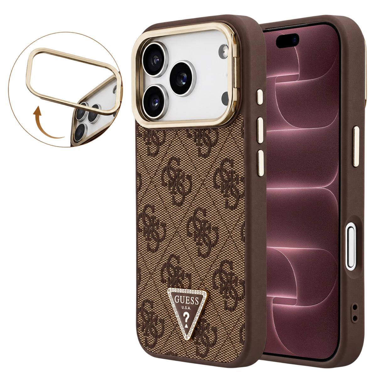 Custodia MagSafe per Apple iPhone 18 Pro Max / 17 Pro Max, Guess, 4G Triangle Logo & Stand Camera, Marrone