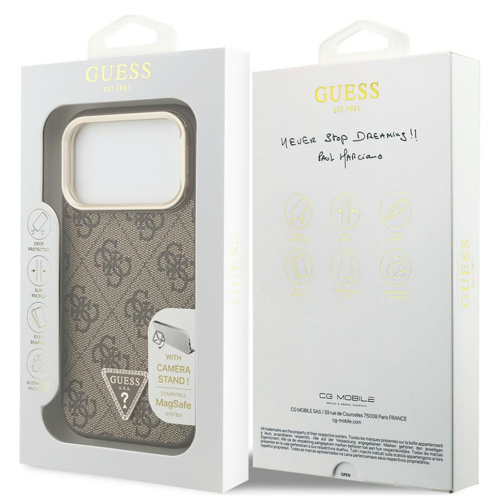 Custodia MagSafe per Apple iPhone 18 Pro Max / 17 Pro Max, Guess, 4G Triangle Logo & Stand Camera, Marrone