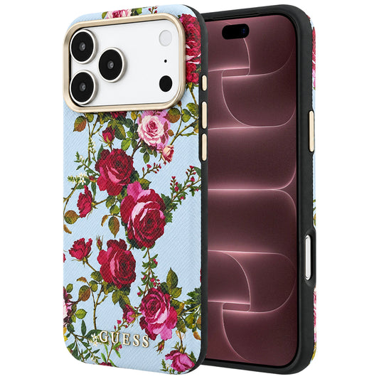 Cover MagSafe per Apple iPhone 18 Pro Max / 17 Pro Max, Guess, Blossom Roses Print, blu fiorito