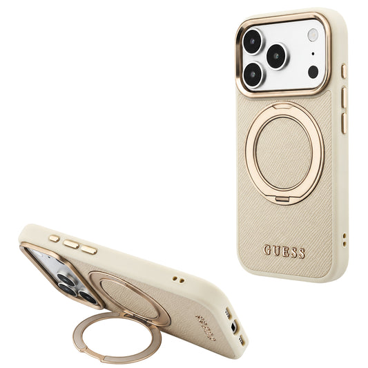 Custodia MagSafe per Apple iPhone 18 Pro Max / 17 Pro Max, Guess, Grained Ring Stand 360 Classic, Beige