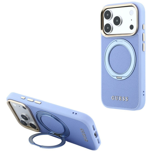 Custodia MagSafe per Apple iPhone 18 Pro Max / 17 Pro Max, Guess, Grained Ring Stand 360 Classic, blu
