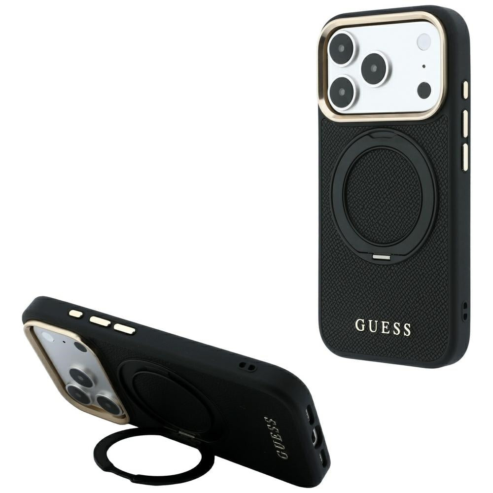 Custodia MagSafe per Apple iPhone 18 Pro Max / 17 Pro Max, Guess, Grained Ring Stand 360 Classic, nera