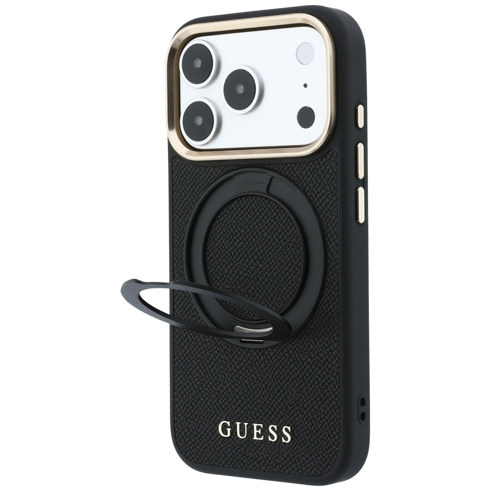 Custodia MagSafe per Apple iPhone 18 Pro Max / 17 Pro Max, Guess, Grained Ring Stand 360 Classic, nera