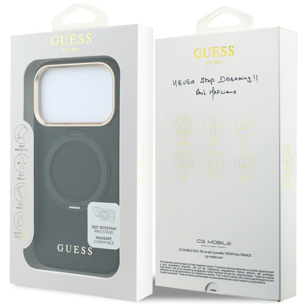 Custodia MagSafe per Apple iPhone 18 Pro Max / 17 Pro Max, Guess, Grained Ring Stand 360 Classic, nera