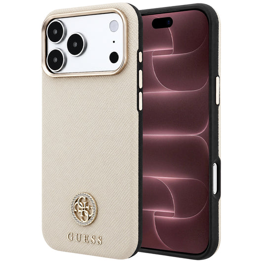 Custodia MagSafe per Apple iPhone 18 Pro Max / 17 Pro Max, Guess, Logo Rotondo con Strass Granulato, Beige