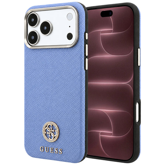 Custodia MagSafe per Apple iPhone 18 Pro Max / 17 Pro Max, Guess, Logo Strass Rotondo Granulato, Blu