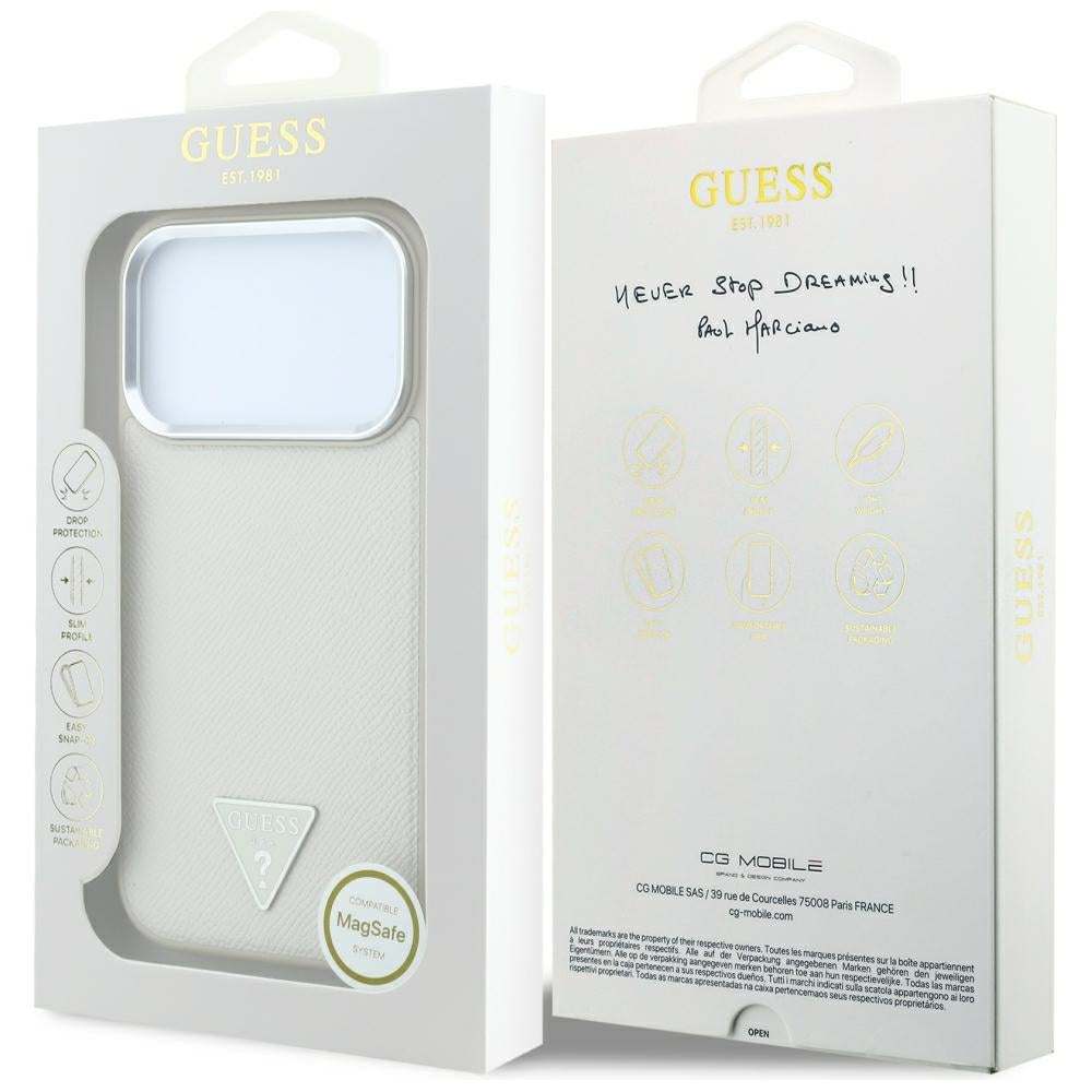 Custodia MagSafe per Apple iPhone 18 Pro Max / 17 Pro Max, Guess, Logo Triangolo Granulato, Beige