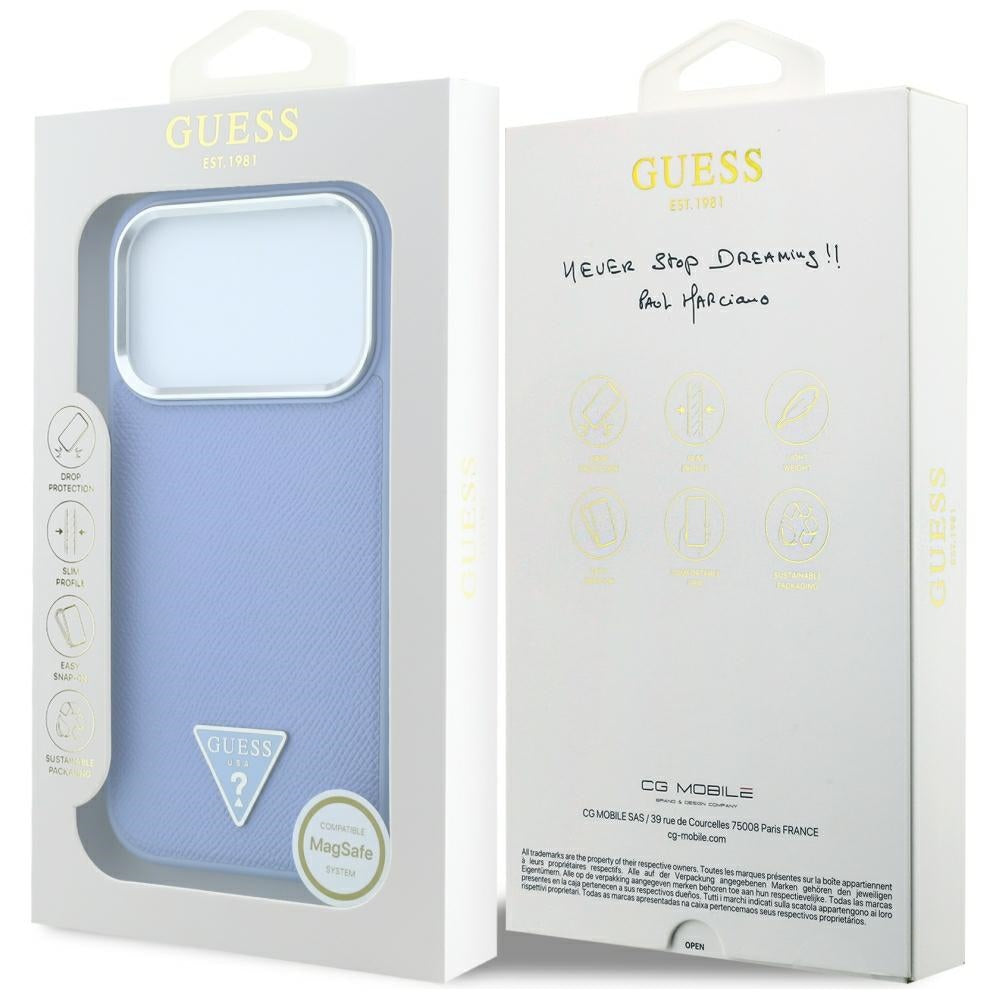 Custodia MagSafe per Apple iPhone 18 Pro Max / 17 Pro Max, Guess, Logo Triangolo Granulato, Blu