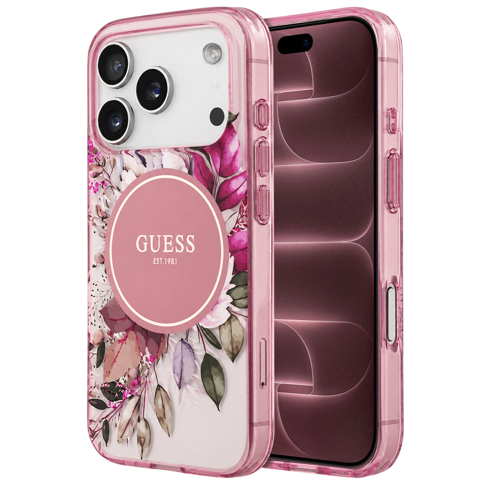 Custodia MagSafe per Apple iPhone 18 Pro Max / 17 Pro Max, Guess, IML Flower & Tonal Circle, rosa