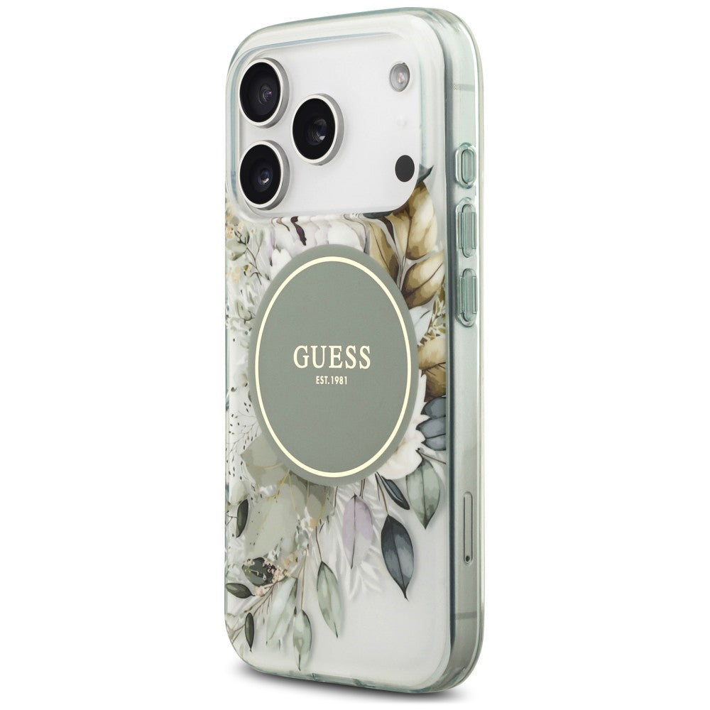 Custodia MagSafe per Apple iPhone 18 Pro Max / 17 Pro Max, Guess, IML Flower & Tonal Circle, Verde