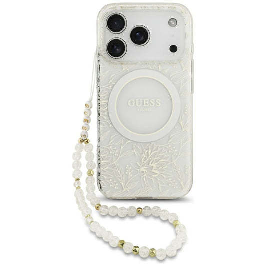 Custodia MagSafe per Apple iPhone 18 Pro Max / 17 Pro Max, Guess, IML Flowers Placcata Elettroliticamente con Cinturino Perla, Bianca