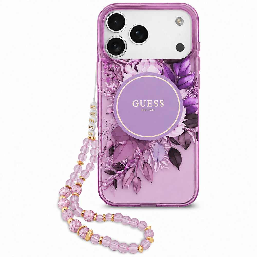 Custodia MagSafe per Apple iPhone 18 Pro Max / 17 Pro Max, Guess, IML Flowers with Pearl Strap, viola