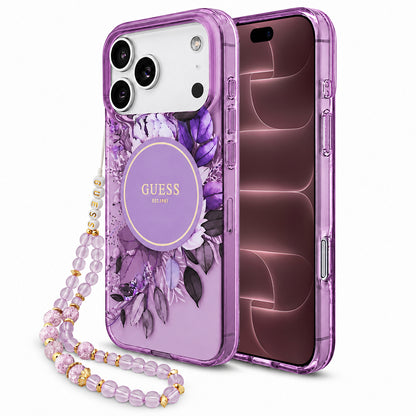 Custodia MagSafe per Apple iPhone 18 Pro Max / 17 Pro Max, Guess, IML Flowers with Pearl Strap, viola