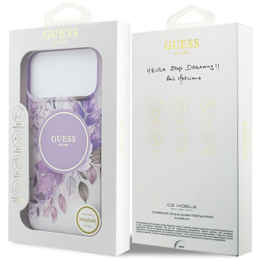 Custodia MagSafe per Apple iPhone 18 Pro Max / 17 Pro Max, Guess, IML Flowers with Pearl Strap, viola