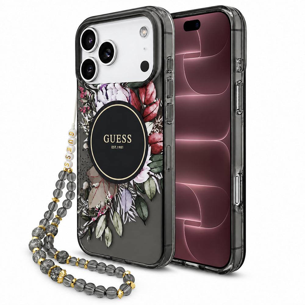 Custodia MagSafe per Apple iPhone 18 Pro Max / 17 Pro Max, Guess, IML Flowers with Pearl Strap, nera